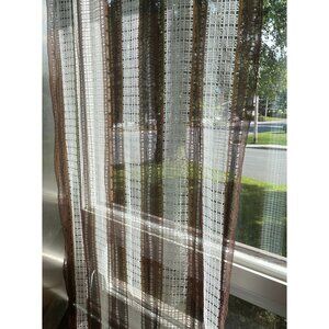 Vintage 70s mesh curtain, white, brown striped net woven, single panel